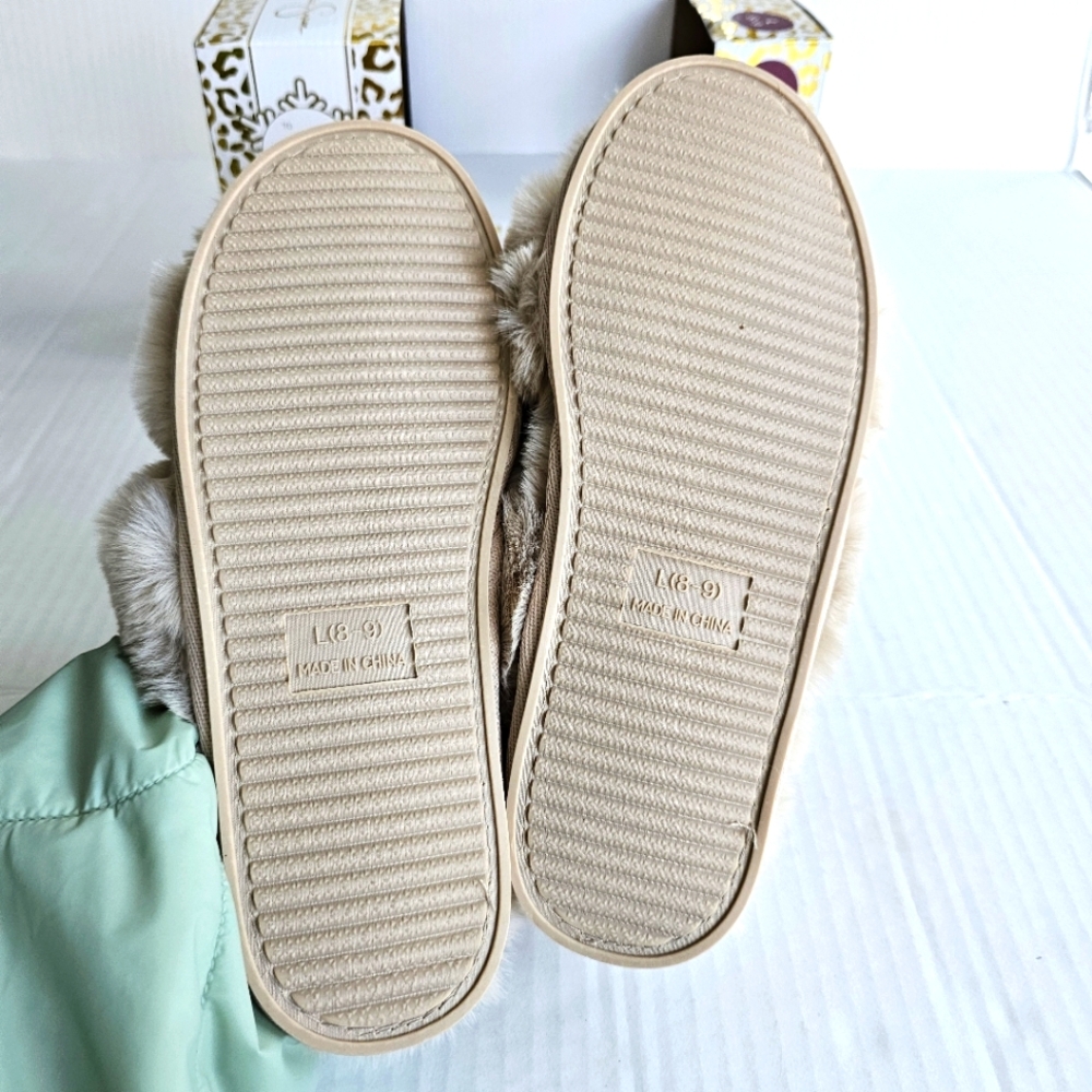 Jessica Simpson faux fur slippers size L 8-9 tan crisscross open toe NIB - Picture 9 of 14